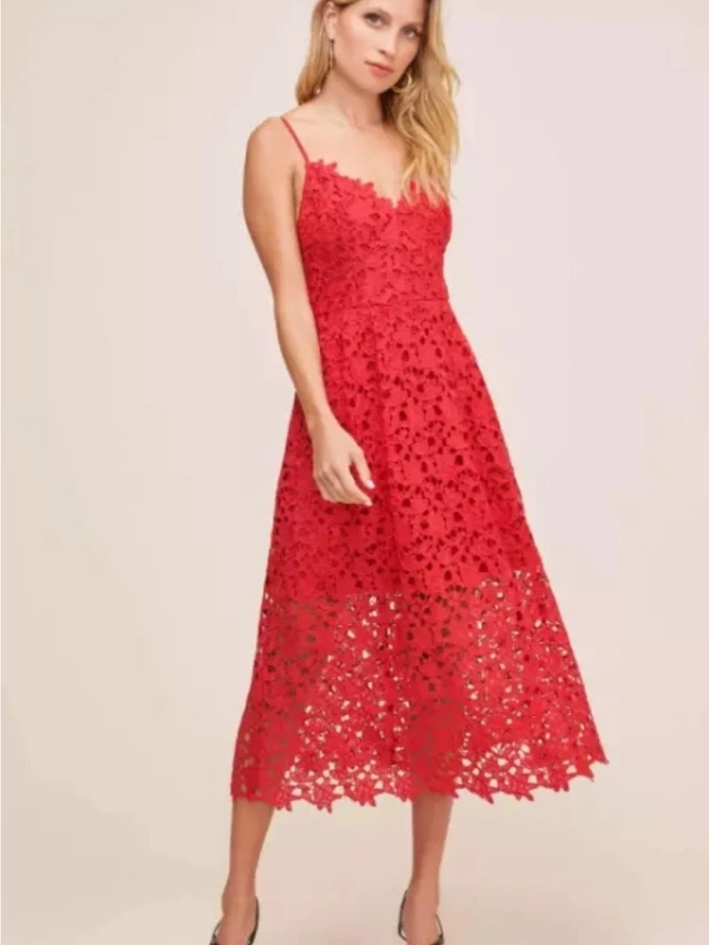 ASTR Red Floral Lace Midi Dress